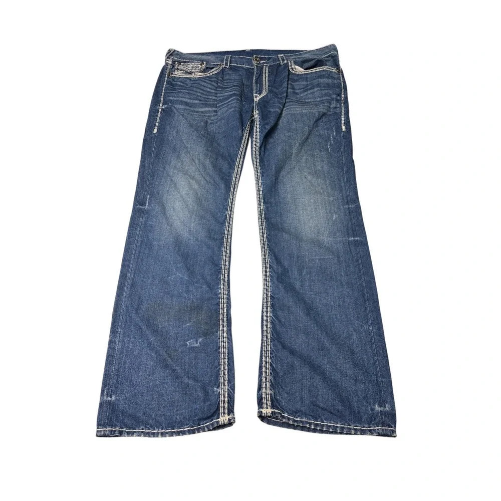 True Religion Straight Flap Natural Super QT Blue Jeans Mens 42X33 Thick Stitch